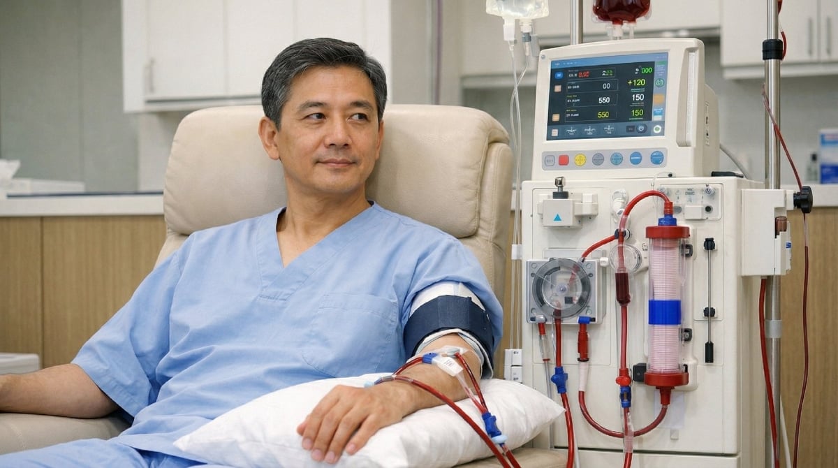 Patient in blue scrubs sitting in a chair with a dialysis machine monitoring his treatment in a medical facility